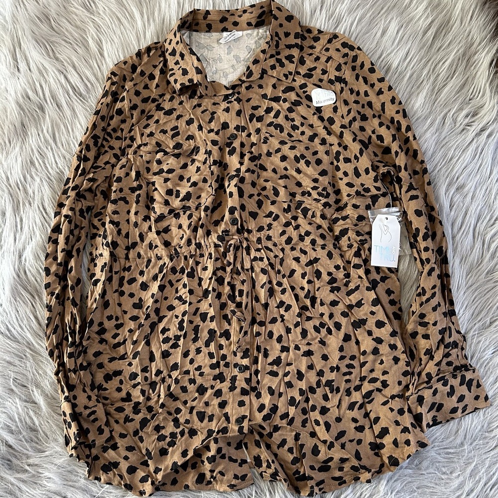 Time And Tru Maternity Nursing Long Sleeve Shirt Womens Size Small Brown Leopard